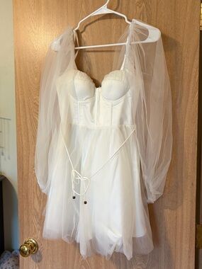 Women's White Mini Dress with Sheer Puff Sleeves